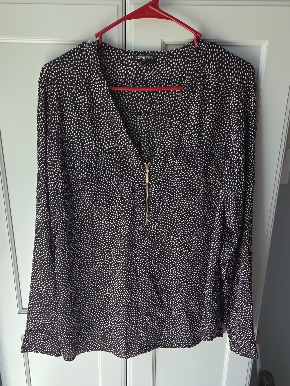 Express Black, White & Pink Dot Zip V-Neck Blouse